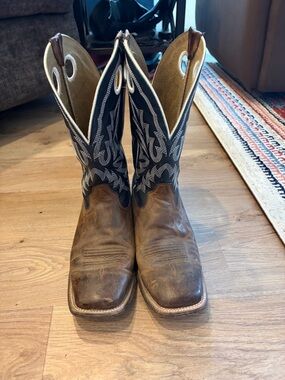 Ariat Brown Leather Cowboy Boots with Blue Embroidered Shaft